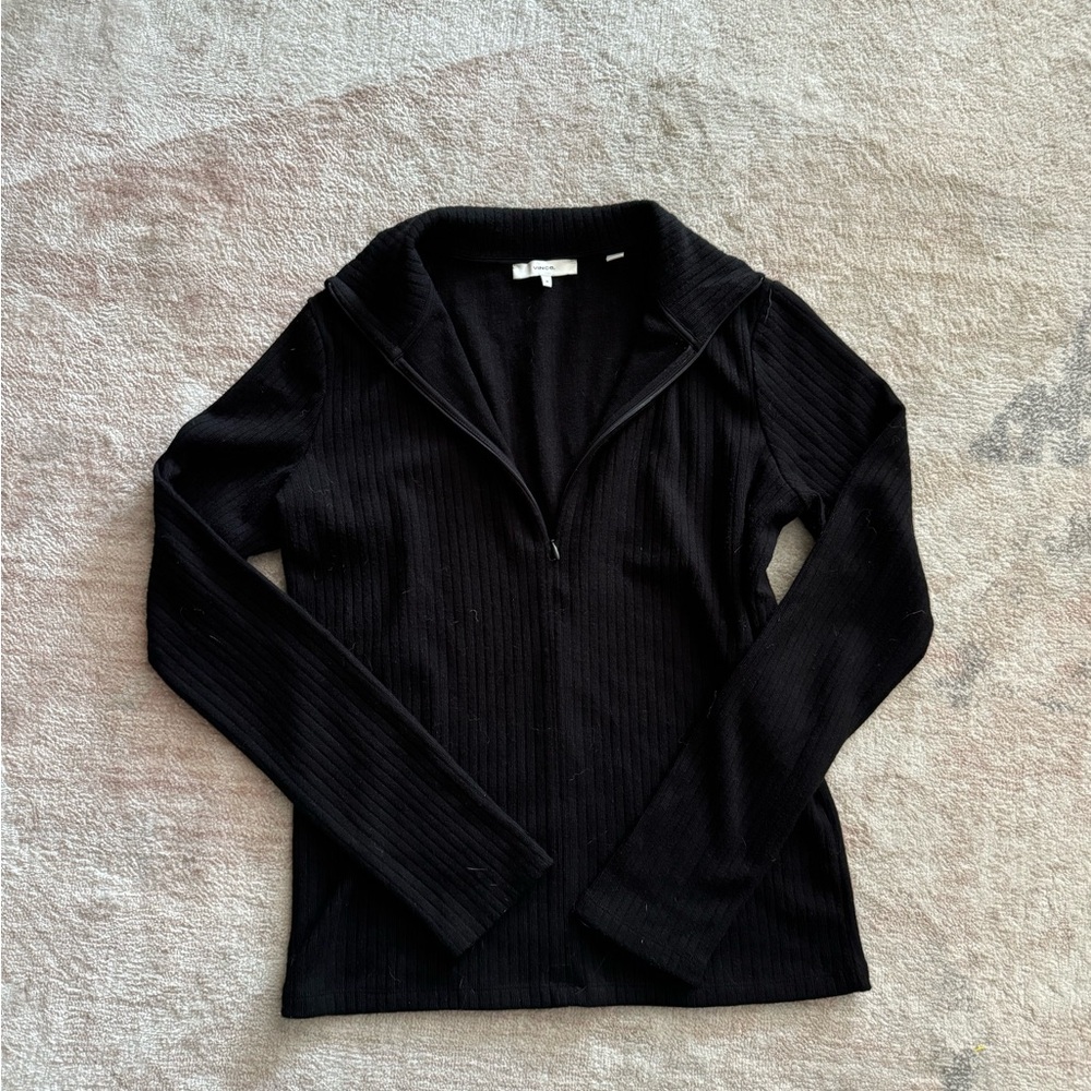 Vince Black Ribbed Half-Zip Long Sleeve Top